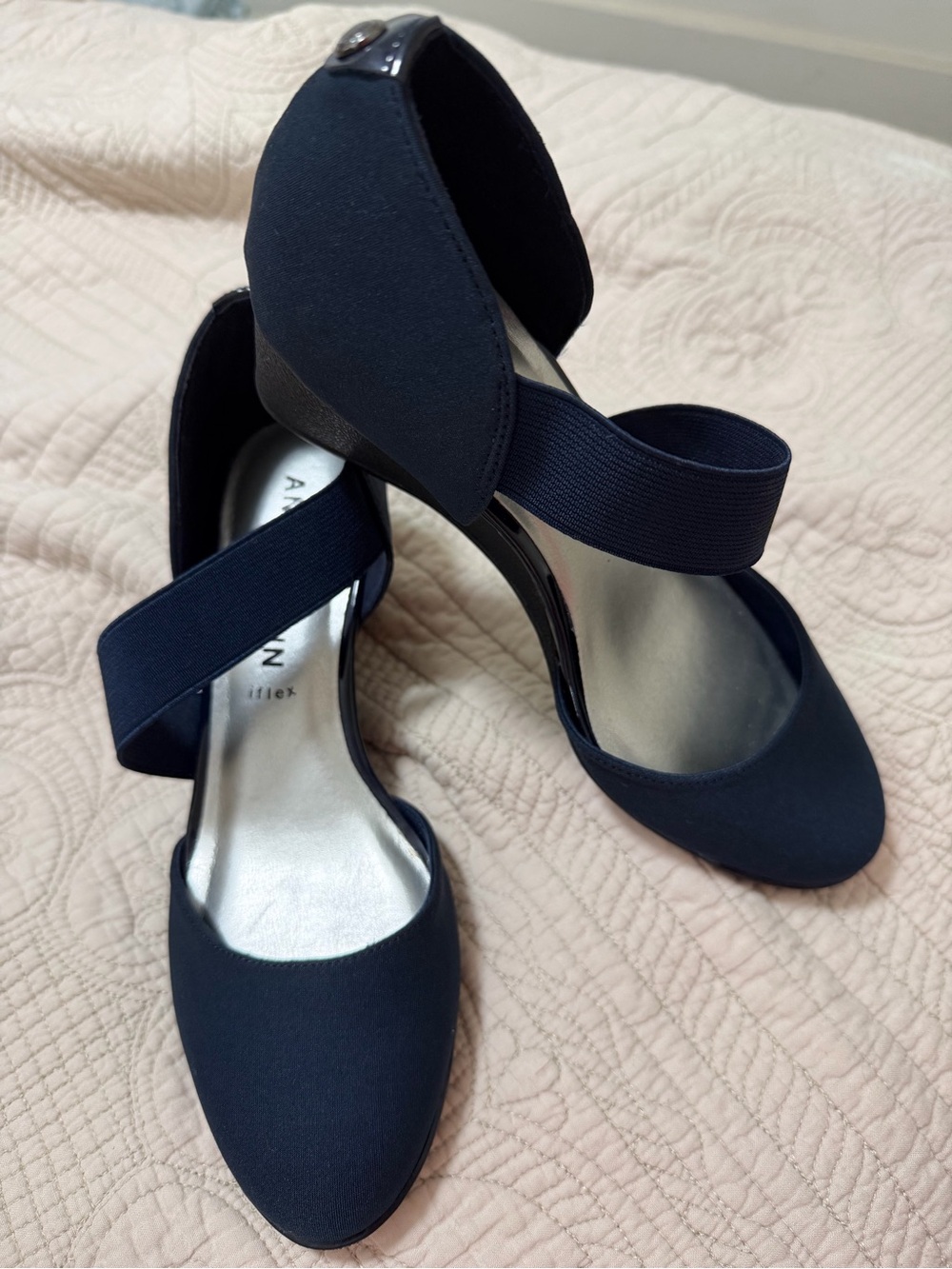 Anne Klein Navy Elastic Cross-Strap Heels